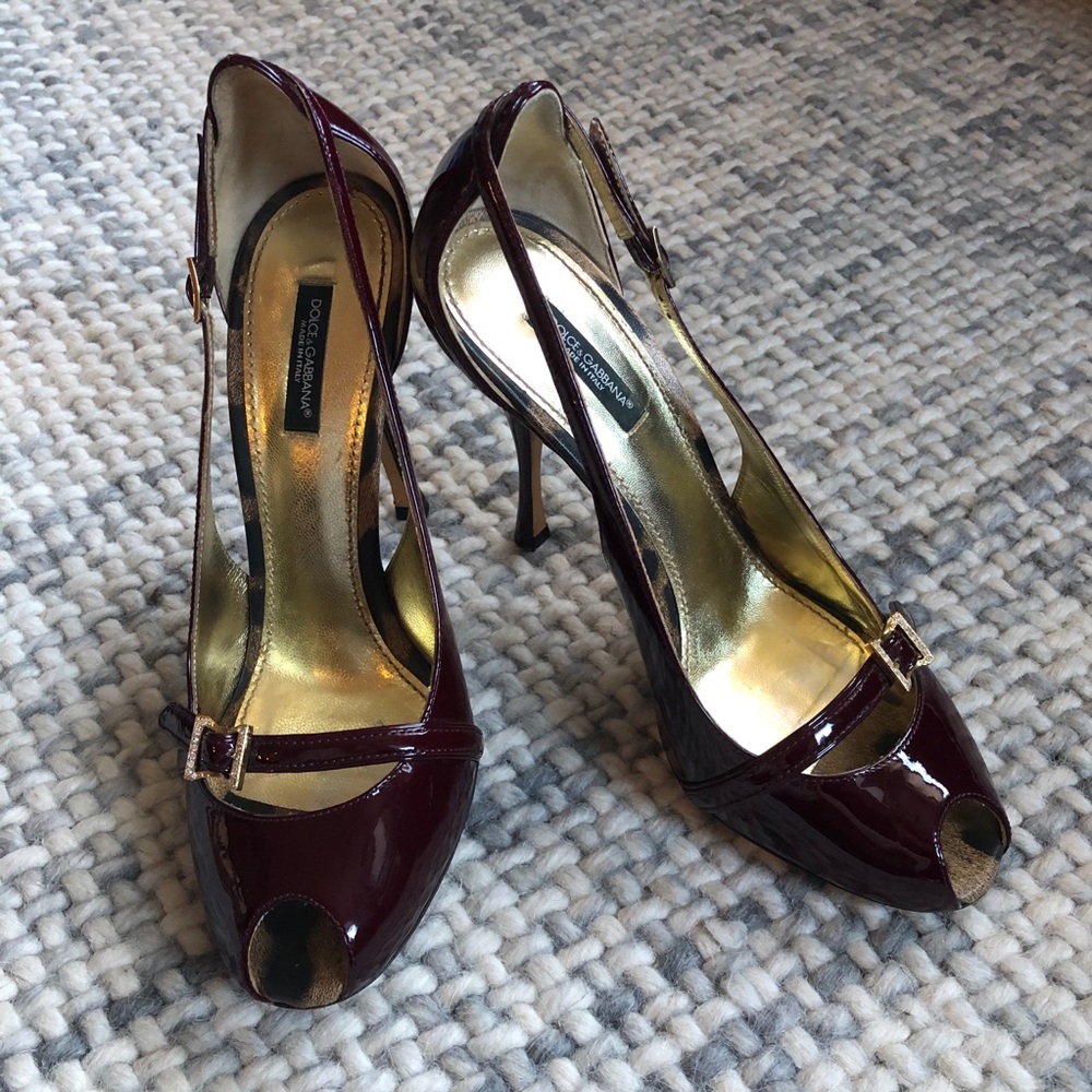 Dolce & Gabbana Burgundy Patent Leather Peep-Toe Heels